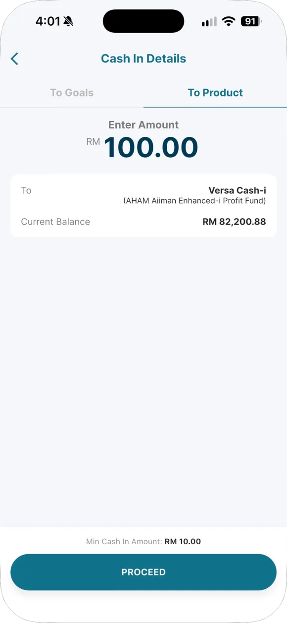 Masukkan jumlah (RM100) dengan petunjuk minimum.