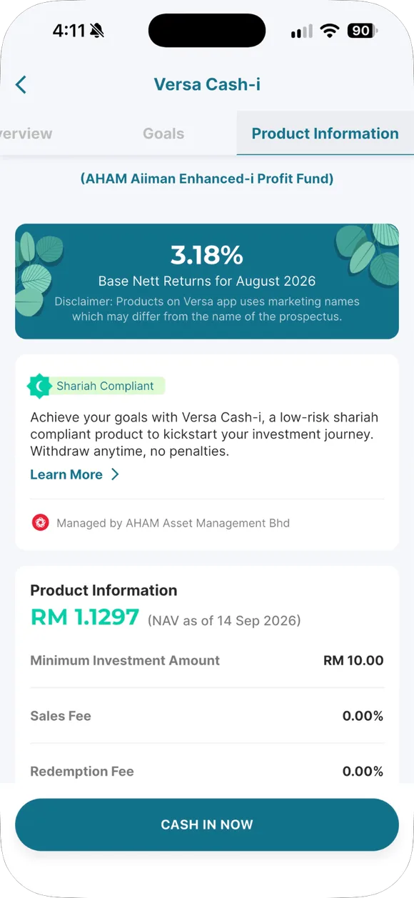 Tab Product Information Versa Cash-i: Base Nett Return bulan tu.