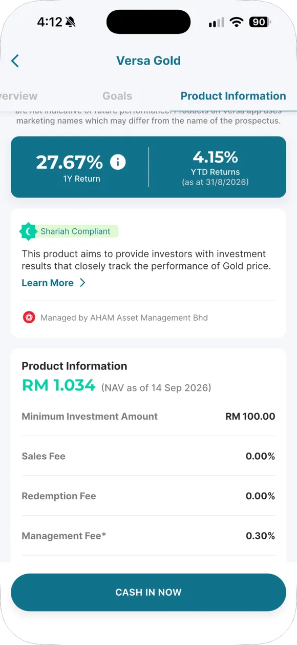 Versa Gold Product Information: yuran dan status Syariah.