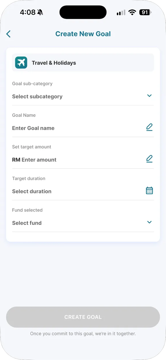 Cipta goal: nama, fund, sasaran, tarikh.