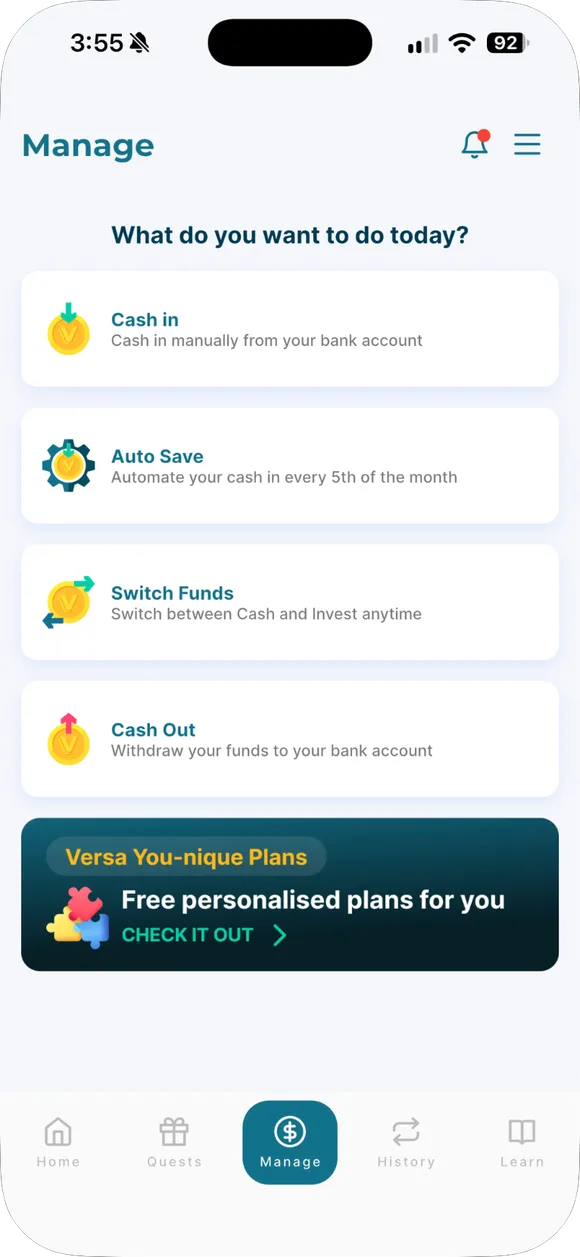 Menu Manage terbuka: Cash In, Cash Out, Switch, Auto Save.