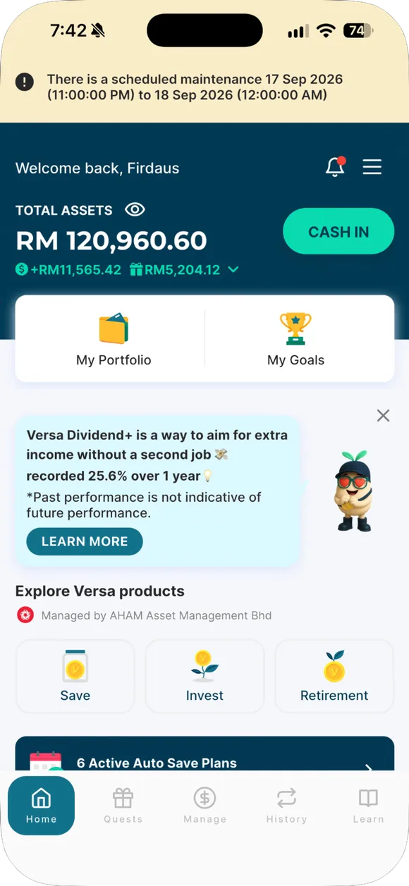 Skrin utama Versa. Ikon tiga garis untuk menu ada di atas kanan.