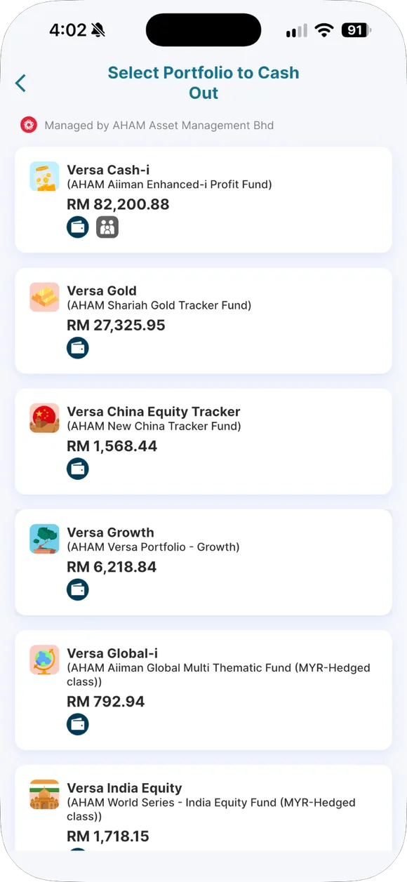 Manage → Cash Out: pilih fund.