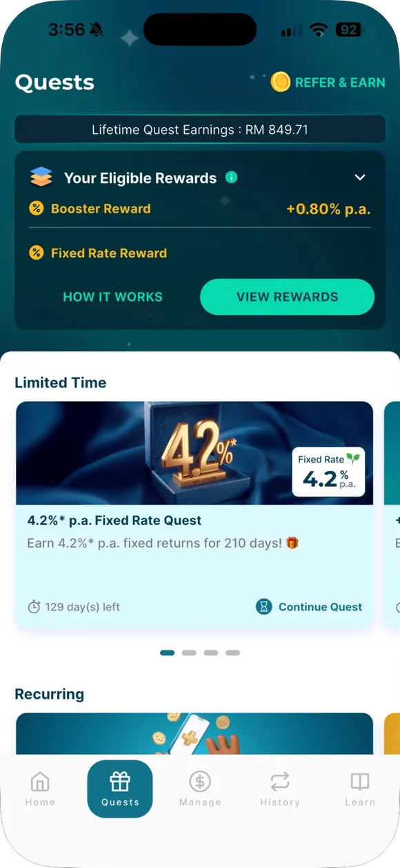 Tab Quests: Lifetime Quest Earnings dan Your Eligible Rewards.