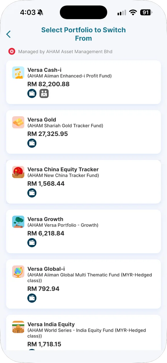 Manage → Switch: pilih fund asal dan fund tujuan.