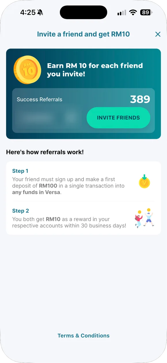 Skrin "Invite a friend and get RM10": kod rujukan (dikaburkan), bilangan rujukan berjaya dan cara reward berfungsi.